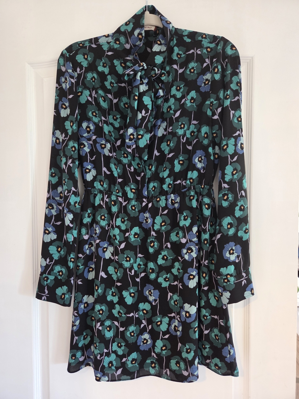 Sunday Best Floral Tie-Neck Long Sleeve Dress in Teal & Blue